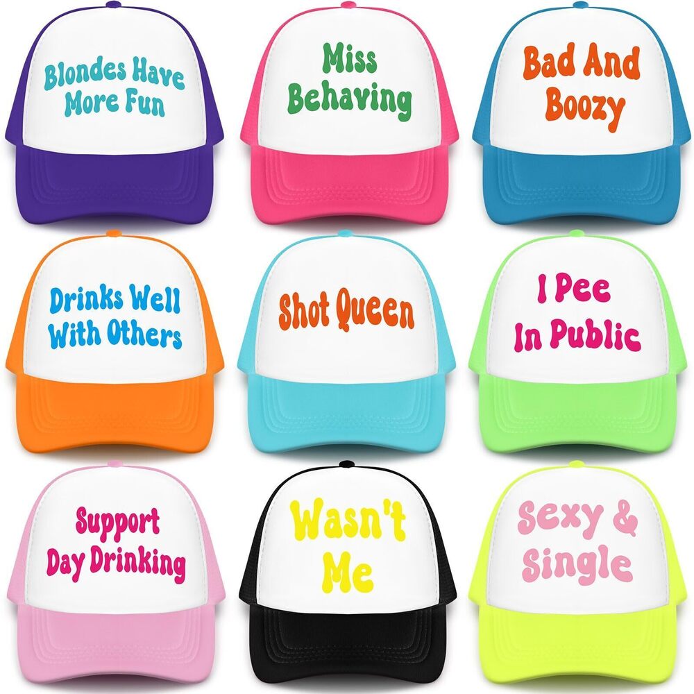 5727 9 Pcs Funny Bachelorette Party Hats Neon Bride Trucker Hat Bride